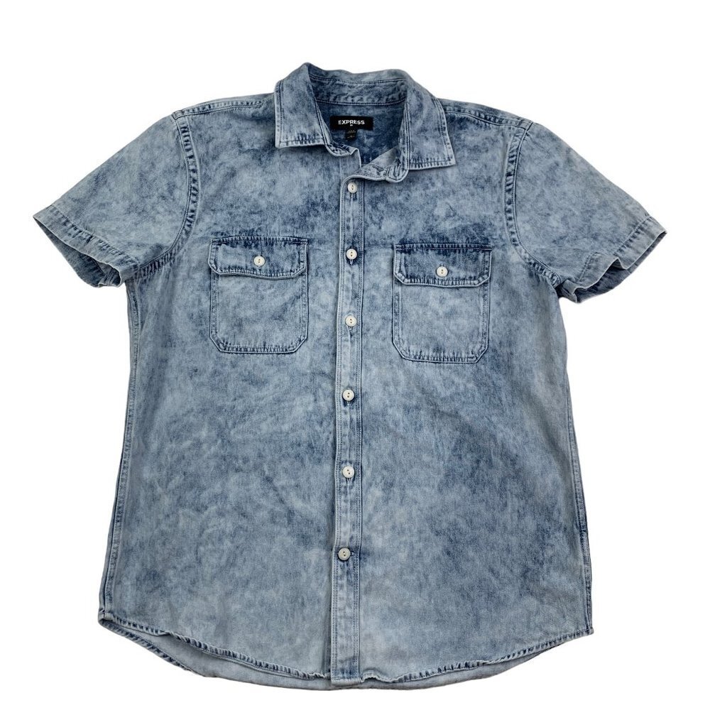 Express Acid Wash Denim Short Sleeve Button Down Shirt Men's Size M(15-15 1/2)